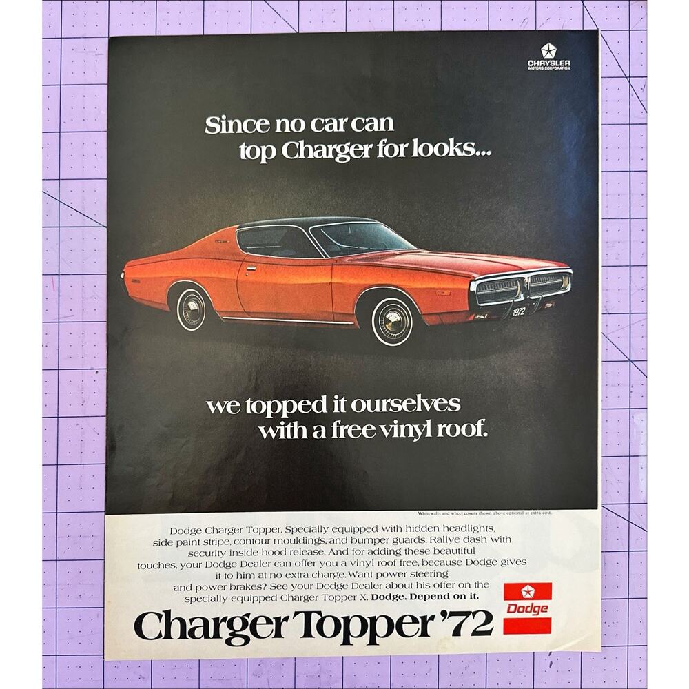 Dodge Charger Topper 72 Vintage Print Ad 70s Mopar Vinyl Roof Classic Auto
